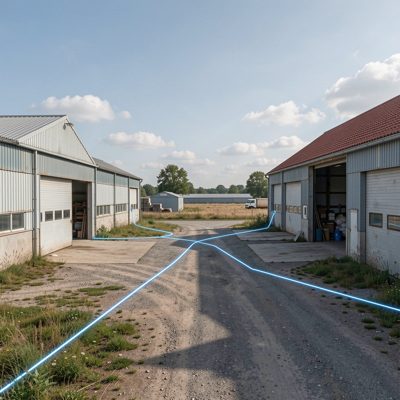 two warehouses connected by a wireless link across a yard