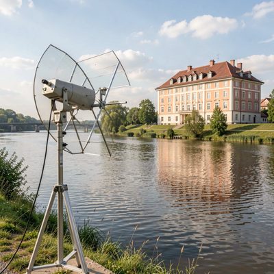 an antenna aimed across a river at a building on the far bank