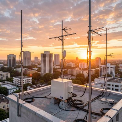 a rooftop wireless installation photographed at sunset