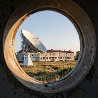 a distant building framed in the sight of a dish antenna
