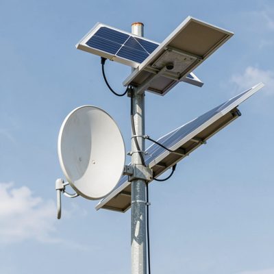 a pole with a dish and a solar panel powering the radio