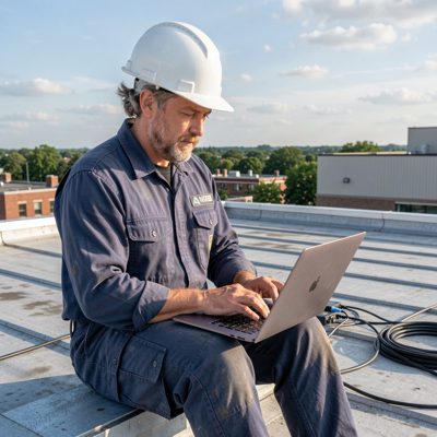 a technician on a roof with a laptop checking link quality