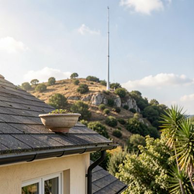 a small dish on a house aimed at a mast on a hill