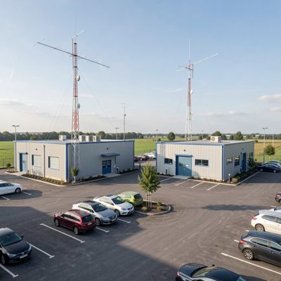 two industrial units with antennas aimed across a car park