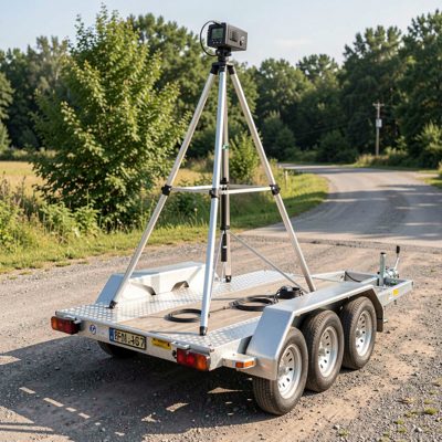 a portable mast set up on a trailer