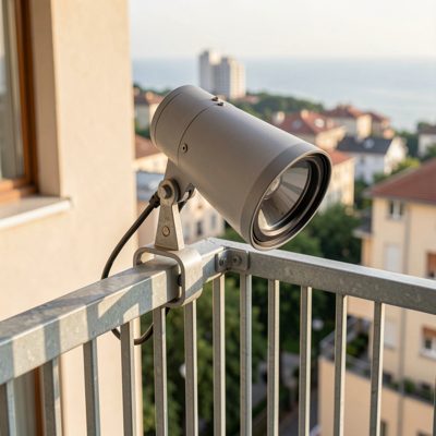 a directional antenna clamped to a balcony railing