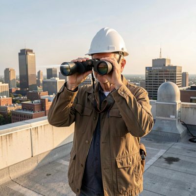 a rooftop survey with binoculars checking line of sight
