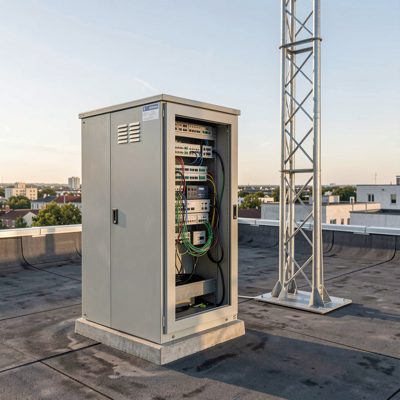 a network cabinet on a rooftop beside a mast