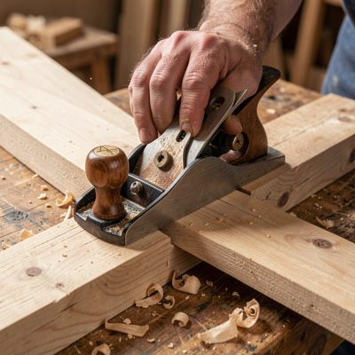 a hand plane taking a shaving from a board