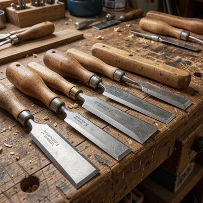 a workbench with chisels laid in a row