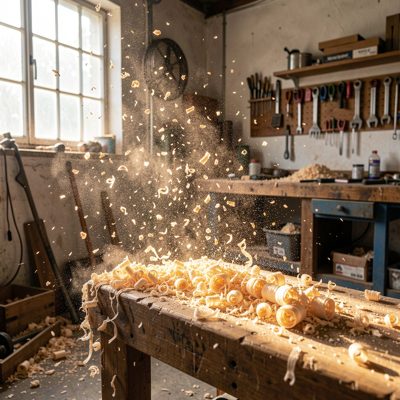 sawdust catching the light in a workshop