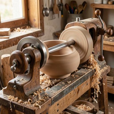 a wood lathe turning a bowl