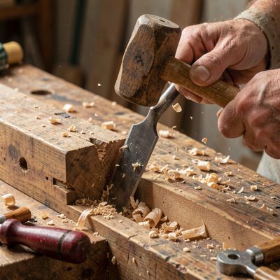 a mortise being chopped with a chisel and mallet