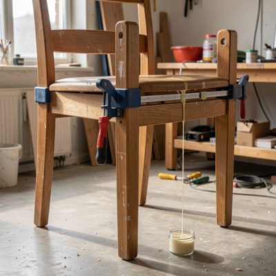 a chair frame clamped while glue dries