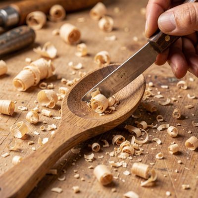 a wooden spoon being carved with a knife