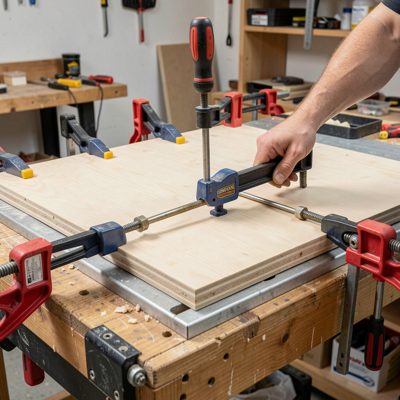 a set of clamps holding a panel glue up