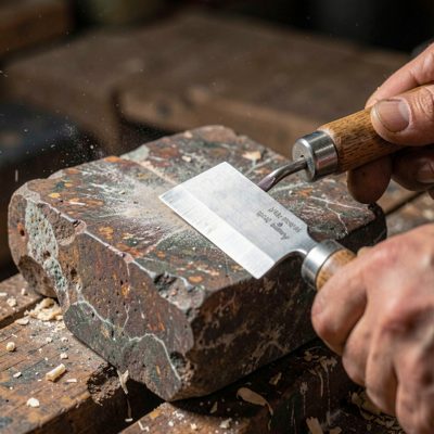 a plane blade being honed on a stone