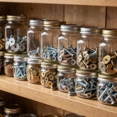 a shelf of jars with screws and fixings