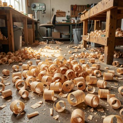 a workshop floor covered in curled shavings