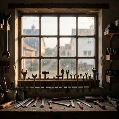a workshop window with tools silhouetted
