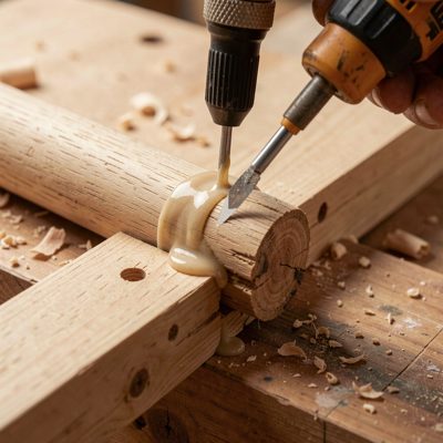 a dowel joint being glued and tapped home