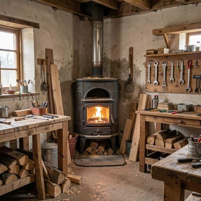 a workshop with a wood burner in the corner