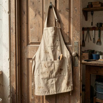 a workshop apron hanging by the door