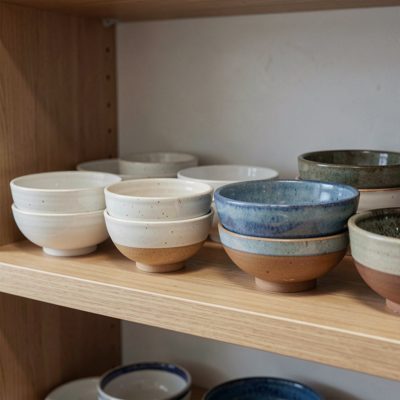 a set of finished bowls on a shelf