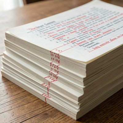 a stack of manuscript pages with edits in red