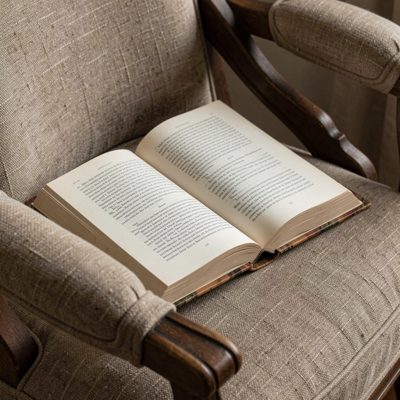 an open book face down on a chair arm