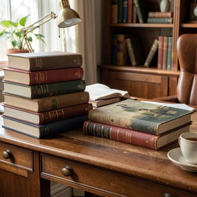 a writer's desk with reference books stacked