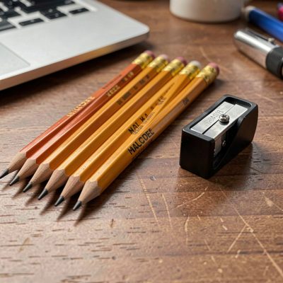 a set of pencils and a sharpener on a desk