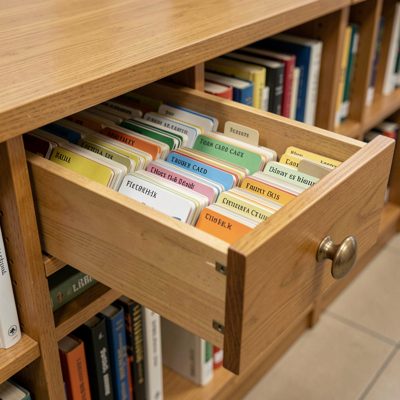a library card catalogue drawer open