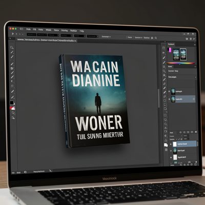a book cover mockup on a designer's screen