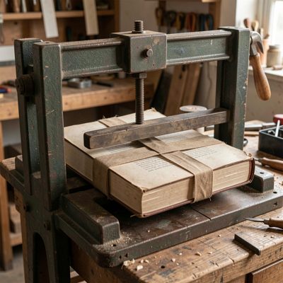 a bookbinding press with a book clamped