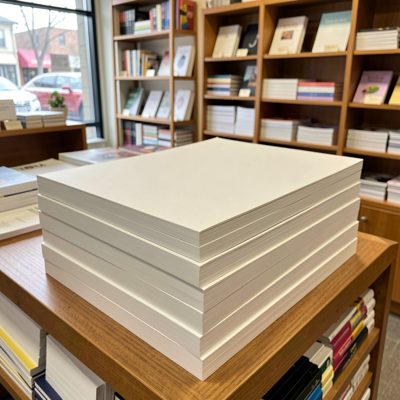a stack of blank notebooks in a shop