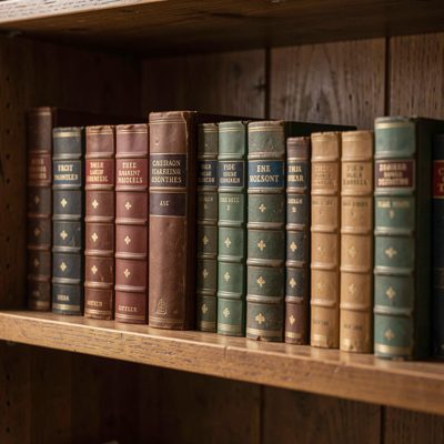 a set of dictionaries on a shelf