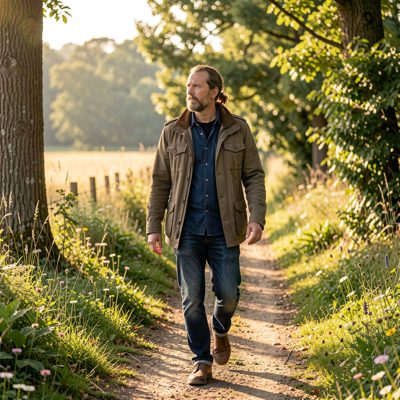 a writer walking outdoors thinking