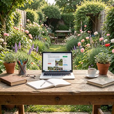 a study with a desk facing a garden