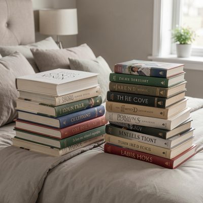 a pile of read books beside a bed