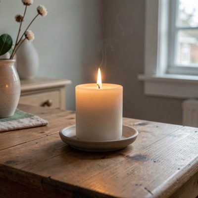 a candle burning in a quiet room