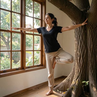 a person balancing in tree pose by a window