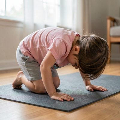 a person in child's pose on a mat