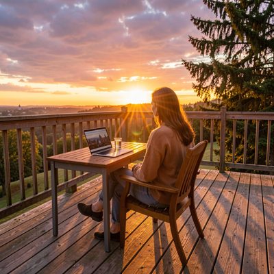 a sunrise session on a wooden deck