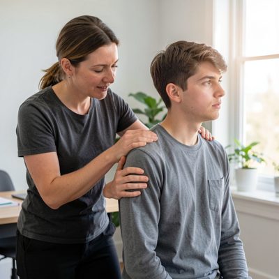 a teacher adjusting a student's posture