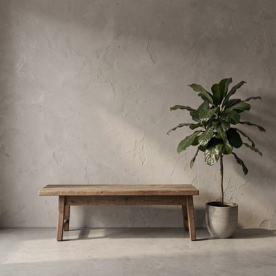 a quiet room with a low bench and a plant