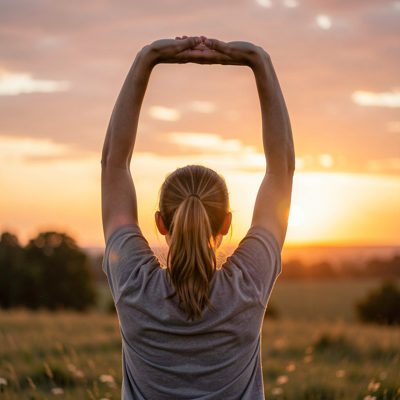 a person stretching arms overhead at dawn