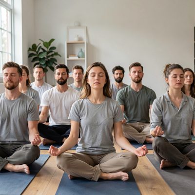 a group in seated meditation with eyes closed