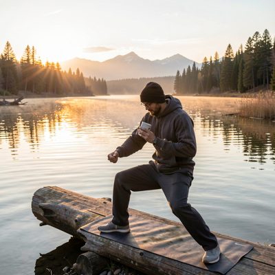a person practising by a lake at first light