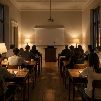a room prepared for a class with dim lamps